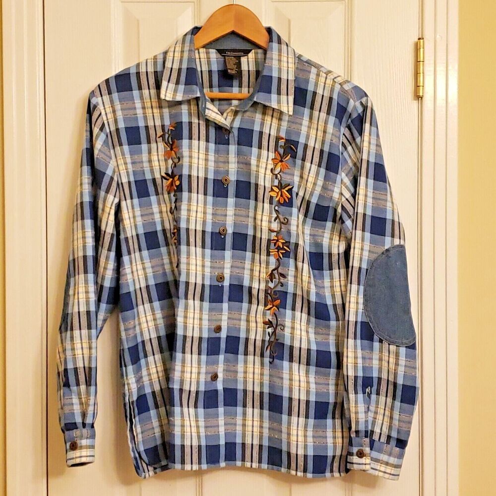 T & Company Long Sleeve Button Up Plaid Blue Lurex Womens Shirt Small Embroider